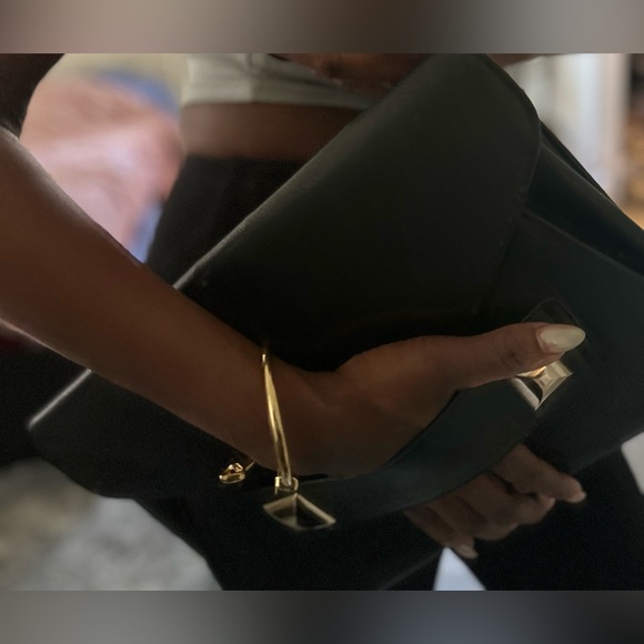 Black Vegan Leather 2 Way Clutch with Gold Accent Hardware - Picture 5 of 8